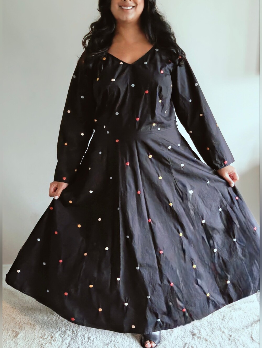 eShakti Black Multicolored Confetti Polka Dot Cotton A-Line Maxi Dress Size 2XL